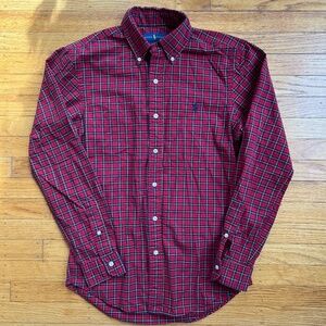 Ralph Lauren Men's Red Plaid Slim Fit Oxford Stretch Button Down Shirt Small